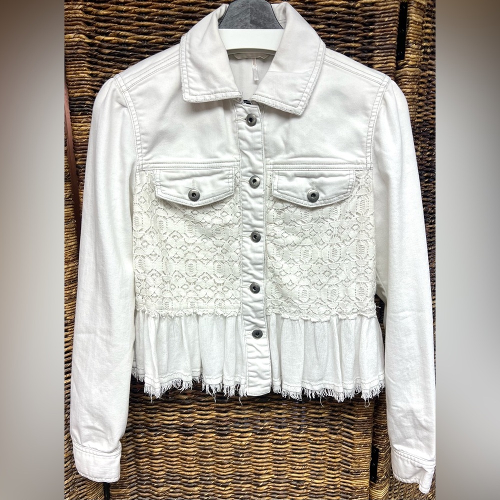 Free People White /off-white Lace-Trim Denim Jacket